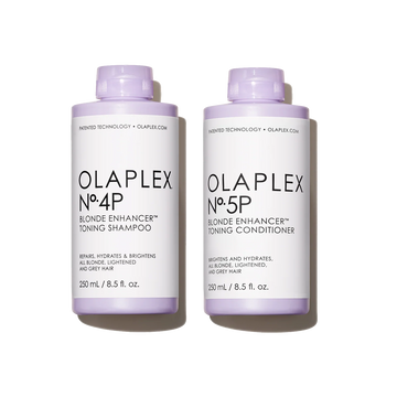 OLAPLEX Nº.4P + Nº.5P Blonde Enhancer™ – tonizuojantis šampūno ir kondicionieriaus rinkinys šviesiems plaukams, 2 × 250 ml