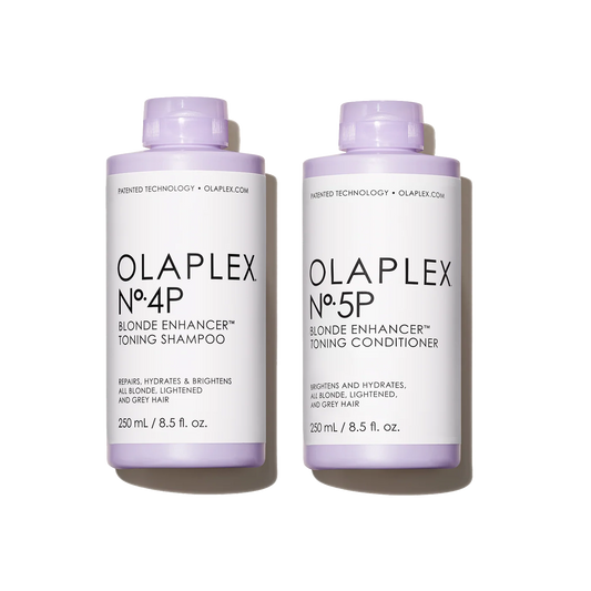 OLAPLEX Nº.4P + Nº.5P Blonde Enhancer™ – tonizuojantis šampūno ir kondicionieriaus rinkinys šviesiems plaukams, 2 × 250 ml