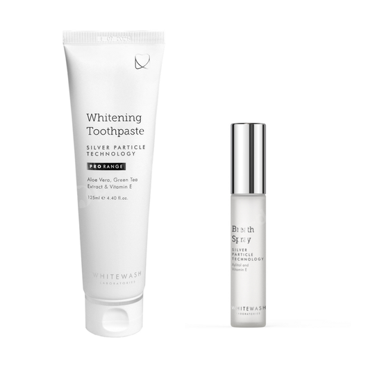Whitewash Laboratories balinantis burnos priežiūros rinkinys – dantų pasta + burnos gaiviklis su sidabro dalelėmis