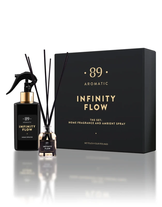 Infinity Flow namų kvapas su lazdelėmis ir purškiamas namų kvapas