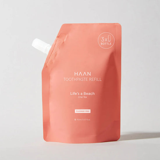 HAAN dantų pastos papildymas „LIFE'S A BEACH“ – natūralūs ingredientai, tropinis gaivumas, be parabenų, 150 ml. Sveikesnei ir tvaresnei šypsenai!