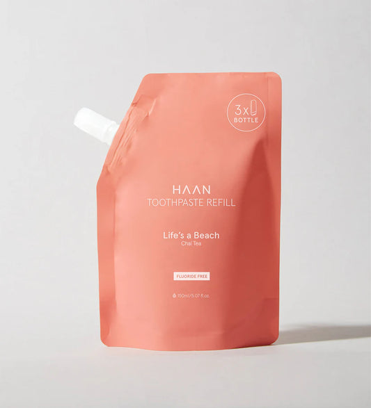 HAAN dantų pastos papildymas „LIFE'S A BEACH“ – natūralūs ingredientai, tropinis gaivumas, be parabenų, 150 ml. Sveikesnei ir tvaresnei šypsenai!