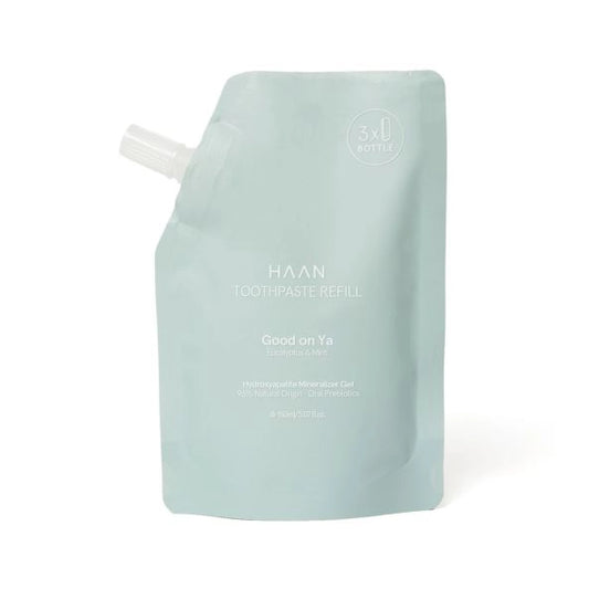 HAAN dantų pastos papildymas „GOOD ON YA“ – natūrali dantų priežiūra su eukaliptu ir mėta, 150 ml. Be parabenų, su daugkartine pakuote tvariam pasirinkimui.